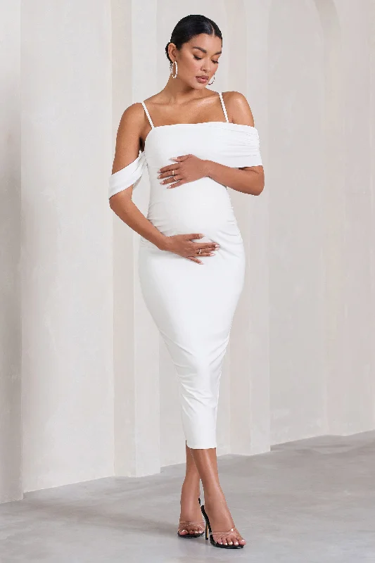 Sneak Peek Sale Shelby | White Mesh Bardot Strappy Maternity Midi Dress