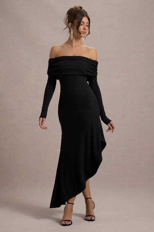 Price Slash Romina | Black Rib Knit Bardot Maxi Dress With Asymmetric Hem