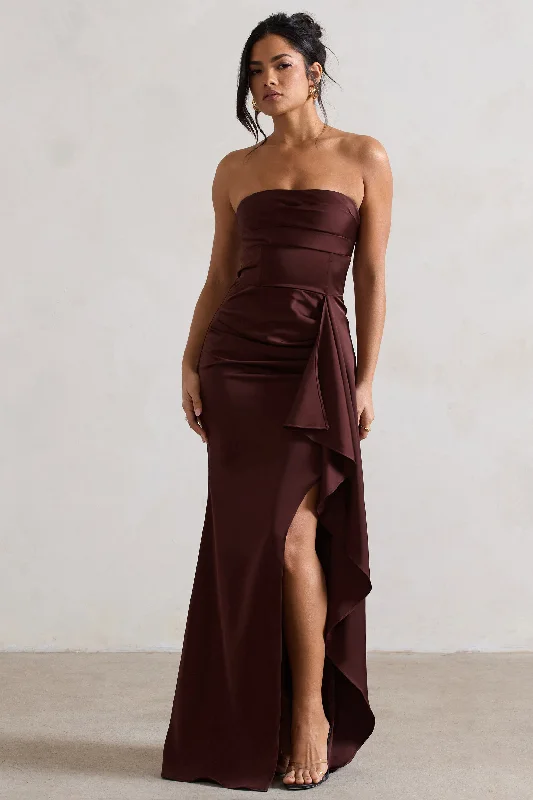 Year-End Clearance Ace | Chocolate Brown Satin Bandeau Split Maxi Dress With Ruffle Drape