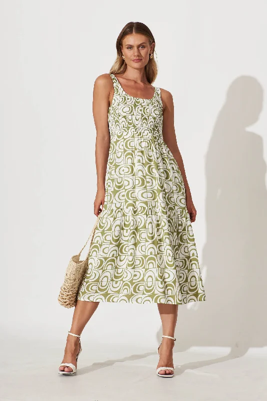 Blowout Sale Caribbean Midi Dress In White And Green Geometric