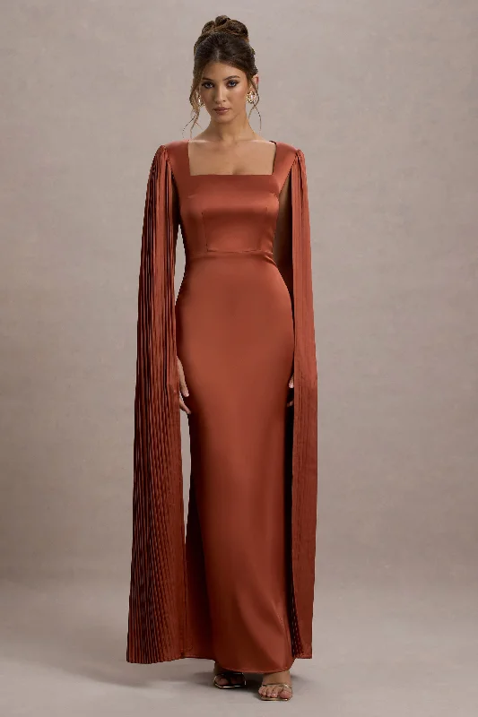 Anniversary Sale Saloma | Rust Satin Square-Neck Maxi Dress With Cape Sleeves