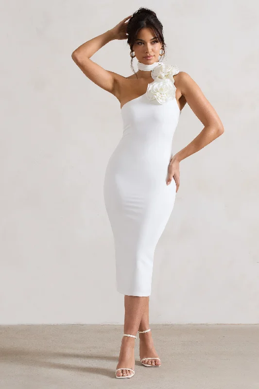 Price Cut The Soiree | White Bodycon Midi Dress With Ruffled Choker