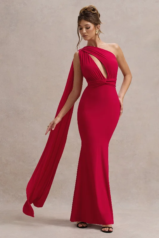 Flash Sale Elaina | Red Asymmetric Knot Maxi Dress With Sash