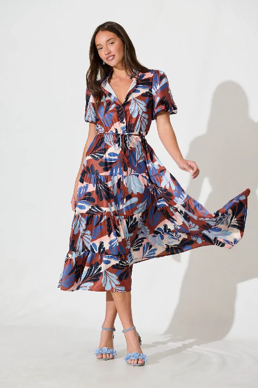Buy More, Save More Sienna Midi Dress In Chocolate With Blue Multi Print Satin