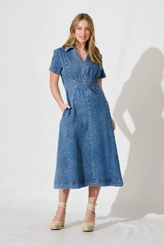 Exclusive Offers Adrianna Midi Dress In Mid Blue Denim