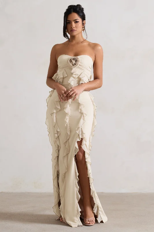 Exclusive Savings Gardenia | Champagne Strapless Ruffle Maxi Dress With Corsage