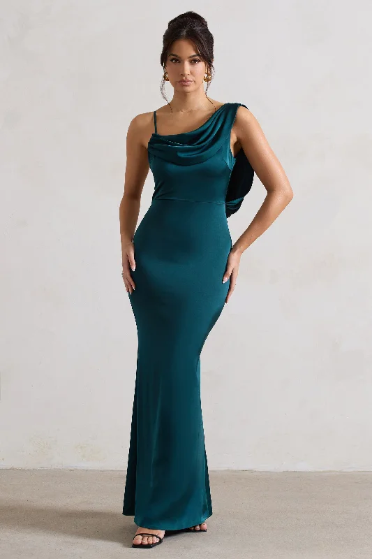 Major Savings Wistful | Dark Green Satin Asymmetric Cowl-Neck Maxi Dress