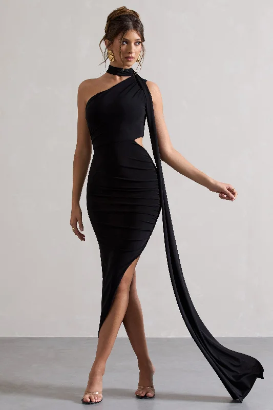 Huge Savings Icon | Black One Shoulder Cut-Out Maxi Dress With Scarf