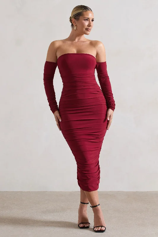 Exclusive Online Offer Anissa | Berry Ruched Bardot Midi Dress