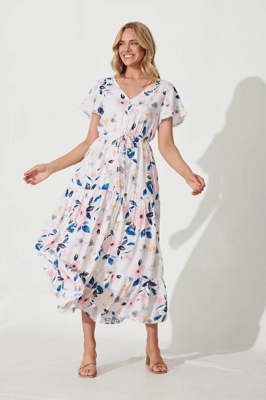 New Arrival Yara Maxi Dress In White With Pink Watercolour Floral
