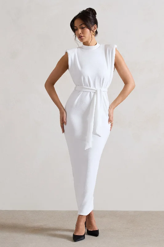 Weekend Deal Abbie | White High-Neck Maxi Dress With Tie Waist