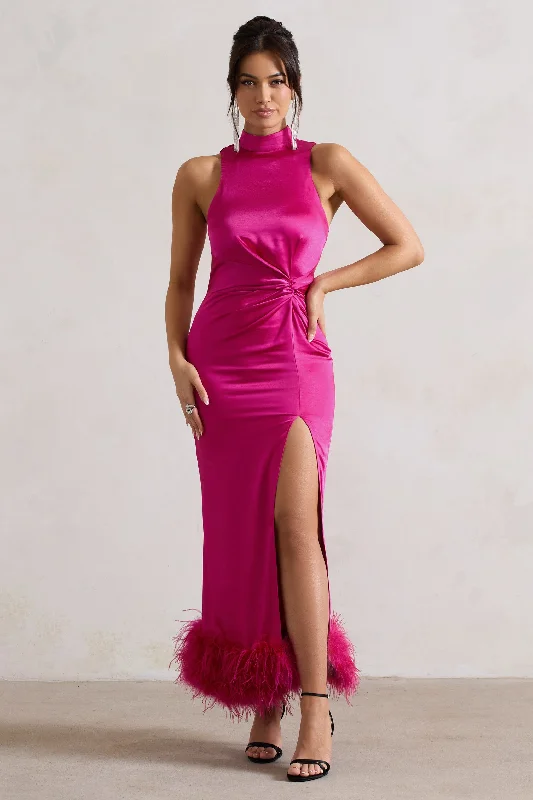 Epic Deals Zoe | Dark Pink Satin Twist Split Maxi Dress With Feather Trim