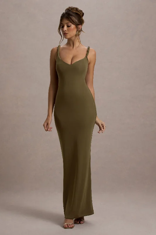 Closeout Sale Twist Of Fate | Khaki Green Twist-Neck Maxi Dress