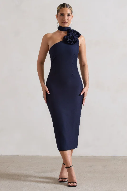 Online Only The Soiree | Navy Bodycon Midi Dress With Ruffled Choker