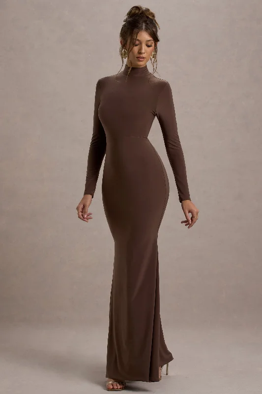 Deal Mania Tova | Chocolate High-Neck Long-Sleeve Maxi Dress