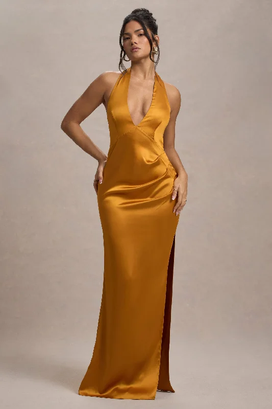 Price Reduction Inferno | Mustard Satin Plunge-Neck Gathered Split Maxi Dress