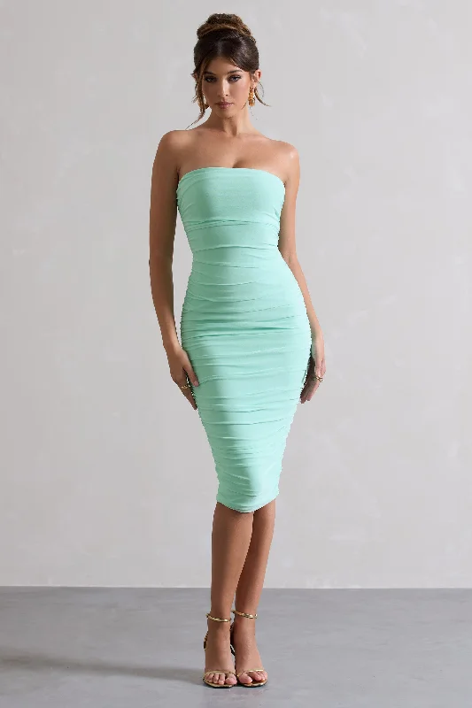 Exclusive Savings My Girl | Iced Green Strapless Bodycon Ruched Mesh Midi Dress