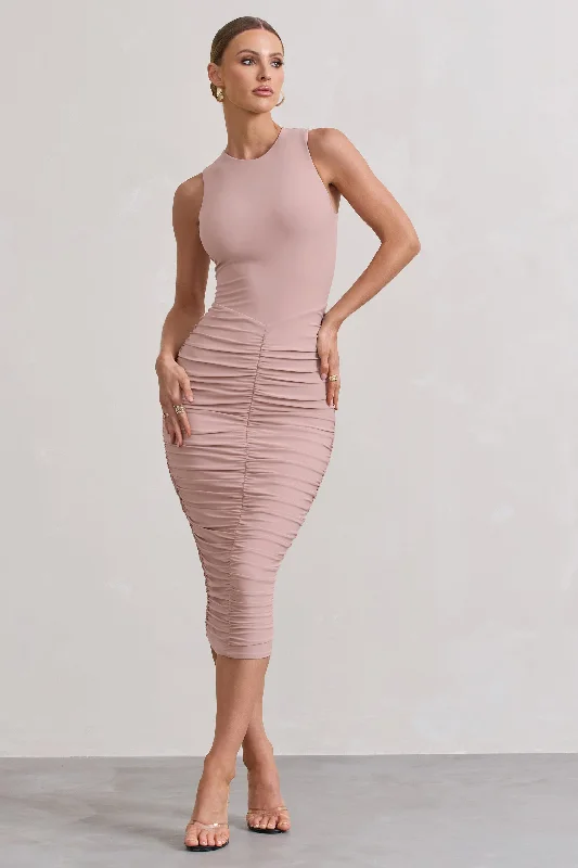 Major Savings Antonia | Champagne Sleeveless Ruched Bodycon Midi Dress