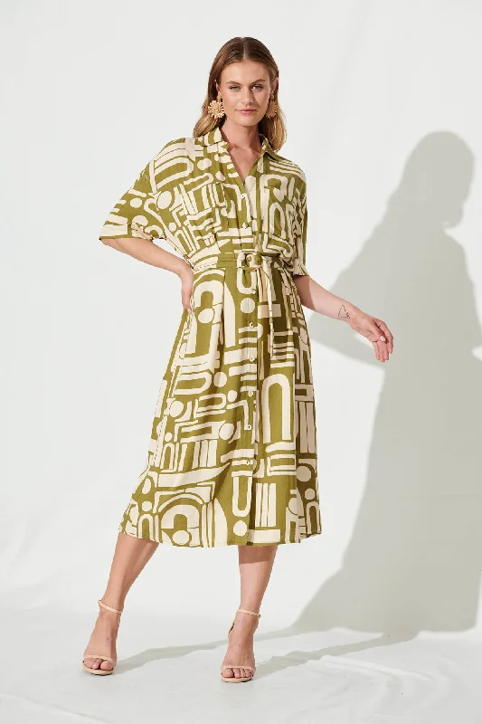 Mega Sale Miriam Maxi Shirt Dress In Cream And Olive Abstract Linen Blend