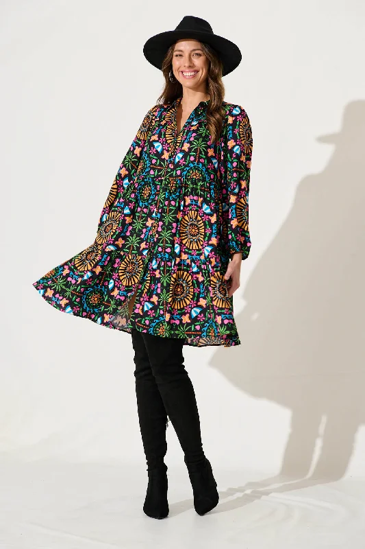 Price Cut Mahonia Smock Shirt Dress In Black With Multi Bamboo Rayon