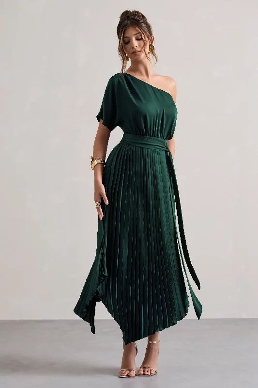 Price Smash India | Bottle Green Satin Asymmetric Plisse Maxi Dress
