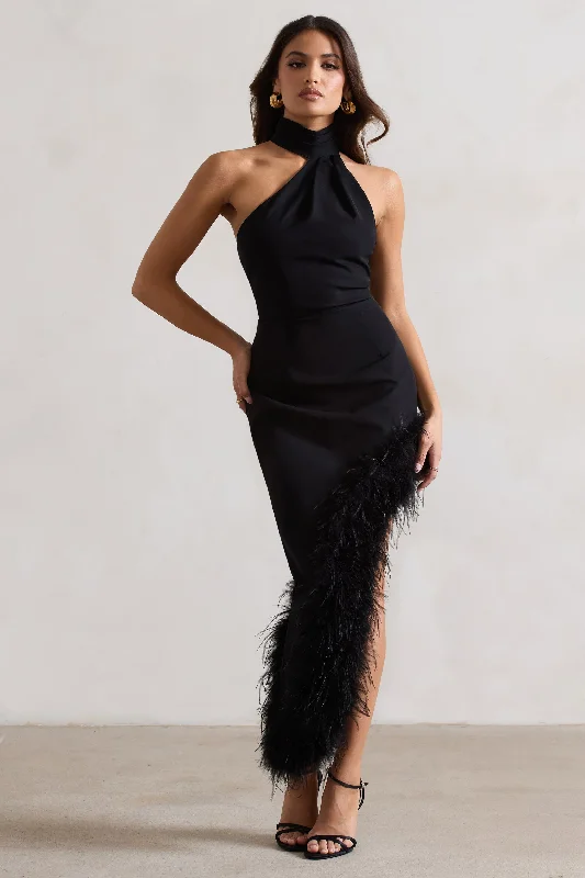 Extra Savings Brilliance | Black Asymmetric Maxi Dress With Feather Trim
