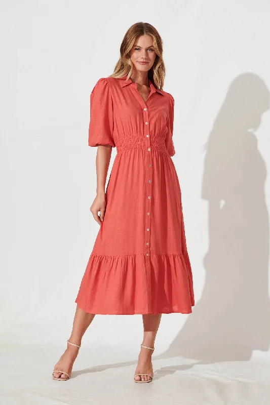 Blowout Deals Hopkins Midi Shirt Dress In Coral Linen Blend