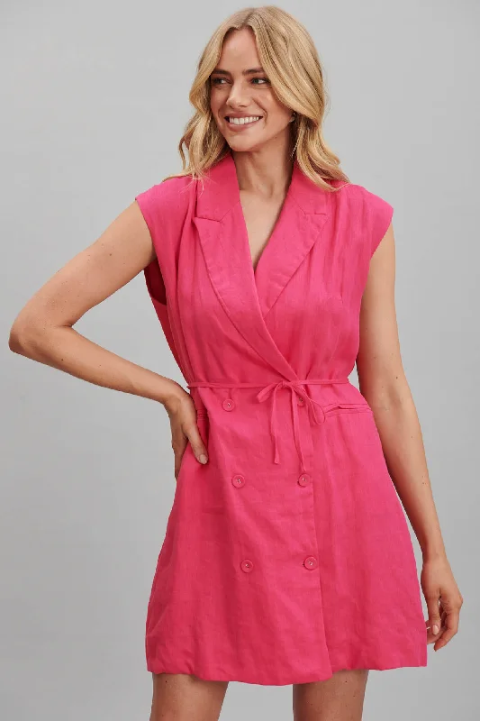 Closeout Emma Blazer Dress In Hot Pink Pure Linen