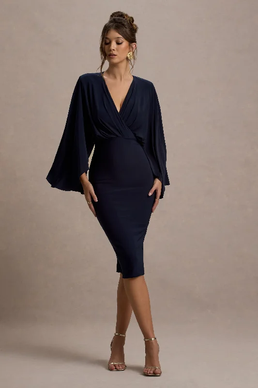 Low Prices Mishka | Navy Plunge-Neck Cape Midi Dress