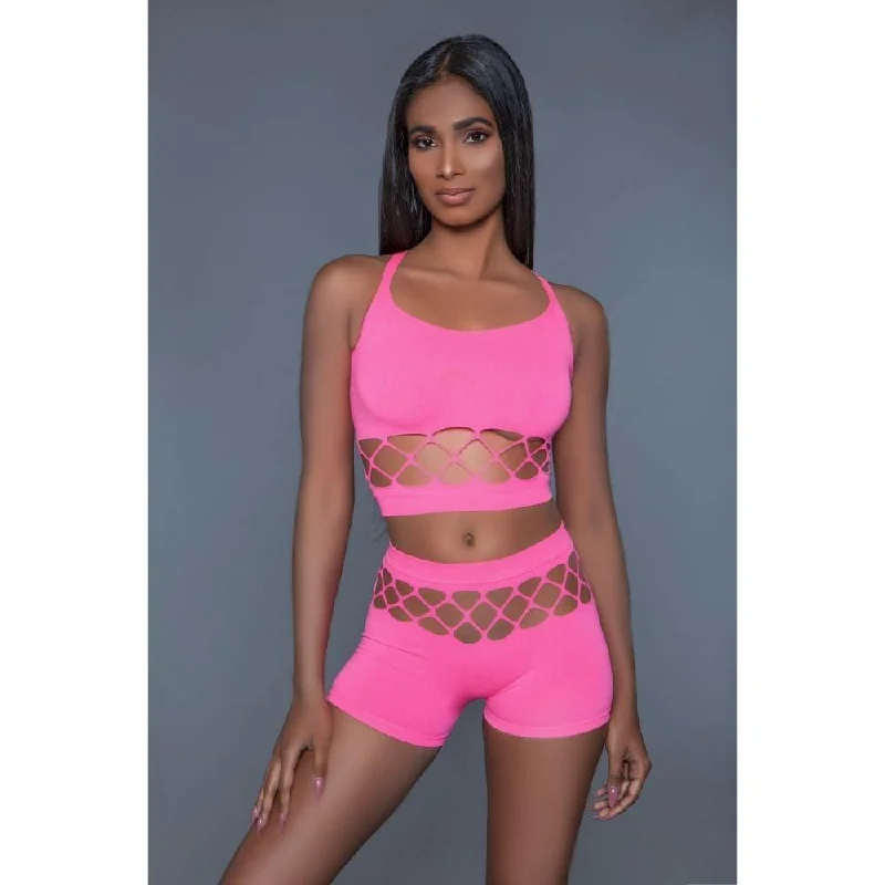 Deep Discounts 2 pc silk fishnet set that includes a tank crop top with criss-cross cami straps and a pair of high waisted booty shorts