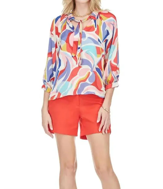 Loyalty Reward Abstracted Swirl Peasant Top In Blue/red