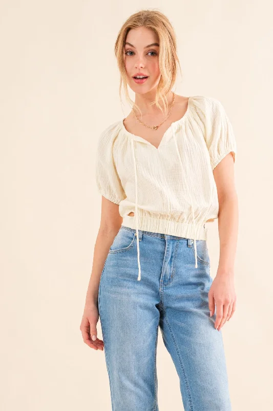 Best Bargains Back Waist Tie Cropped Blouse