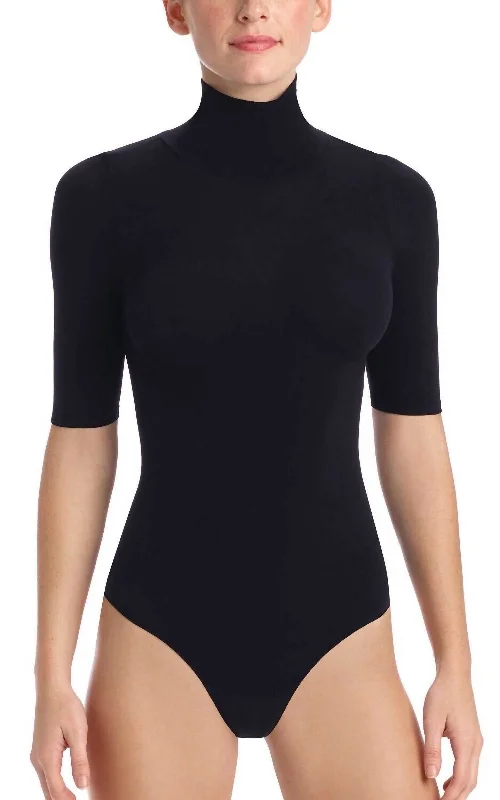 Don't Wait Ballet Short Sleeve Turtleneck Bodysuit In Black