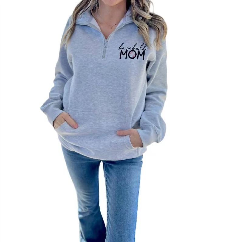 Hurry In Baseball Mom - Quarter Zip Sweatshirt In Light Heather Grey