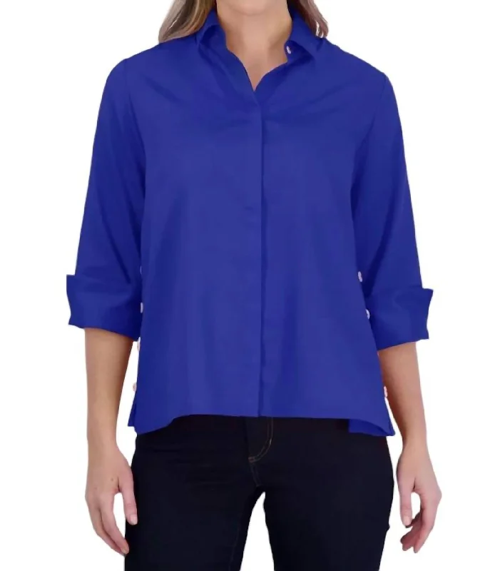Hurry In Beatrice No Iron Solid Sateen Shirt In Sapphire