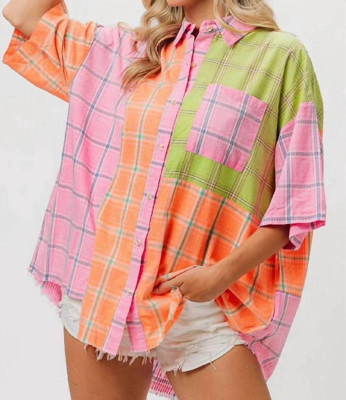 New Markdowns Bleach Washed Check Plaid Shirt In Pink/peach/lime