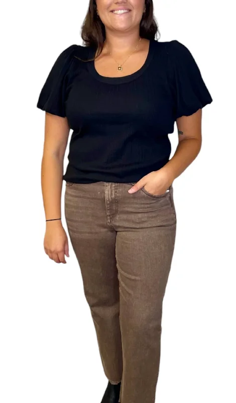 Value Deals Blouson Sleeve Ribbed Knit Top In Black