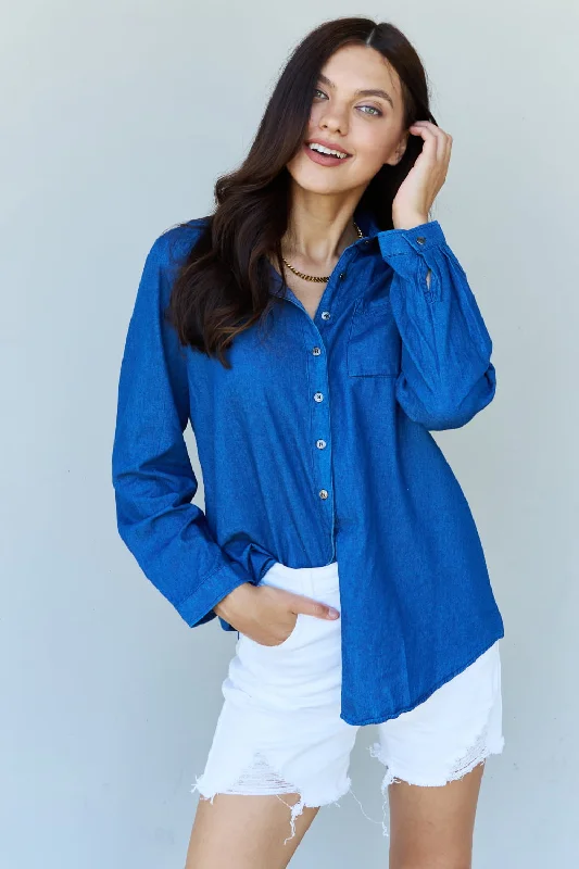 Customer Appreciation Sale Blue Jean Baby Denim Button Down Shirt Top in Dark Blue