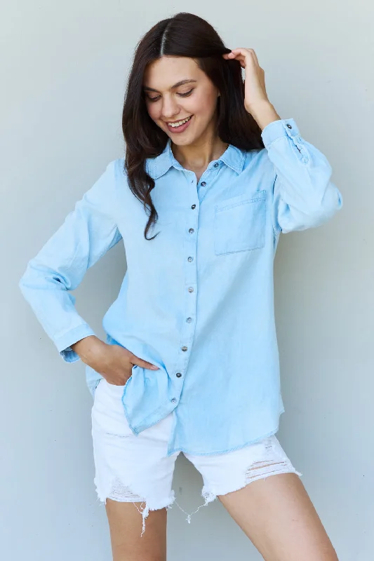 Inventory Reduction Blue Jean Baby Denim Button Down Shirt Top in Light Blue