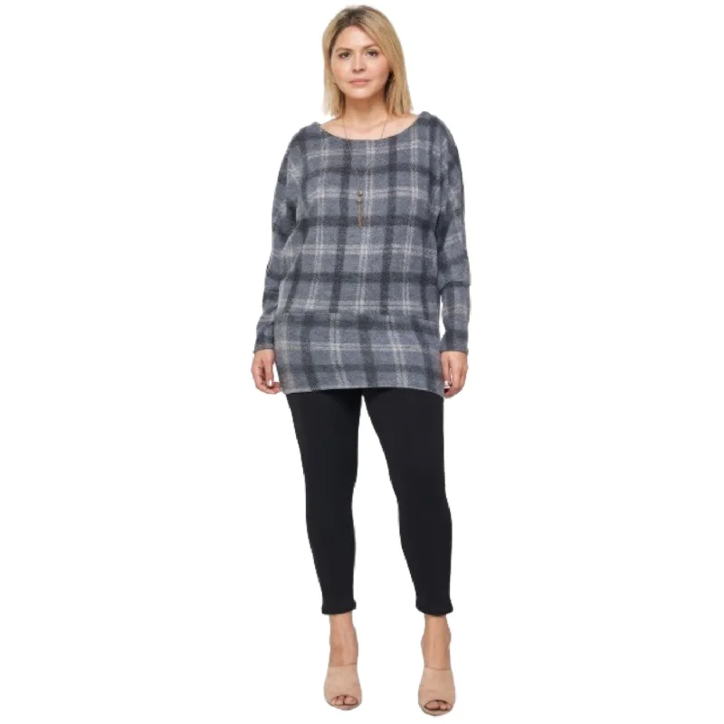 Bargain Bin Boat Neck, Plaid Print Tunic Top, With Long Dolman Sleeves
