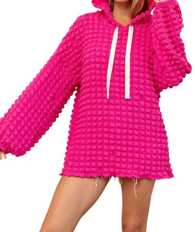 Exclusive Savings Bubble Woven Balloon Sleeves Hoodie In Fuchsia