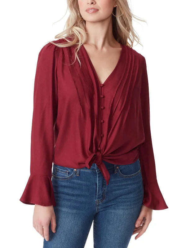Best Seller Cecily Womens V Neck Bell Sleeve Button-Down Top