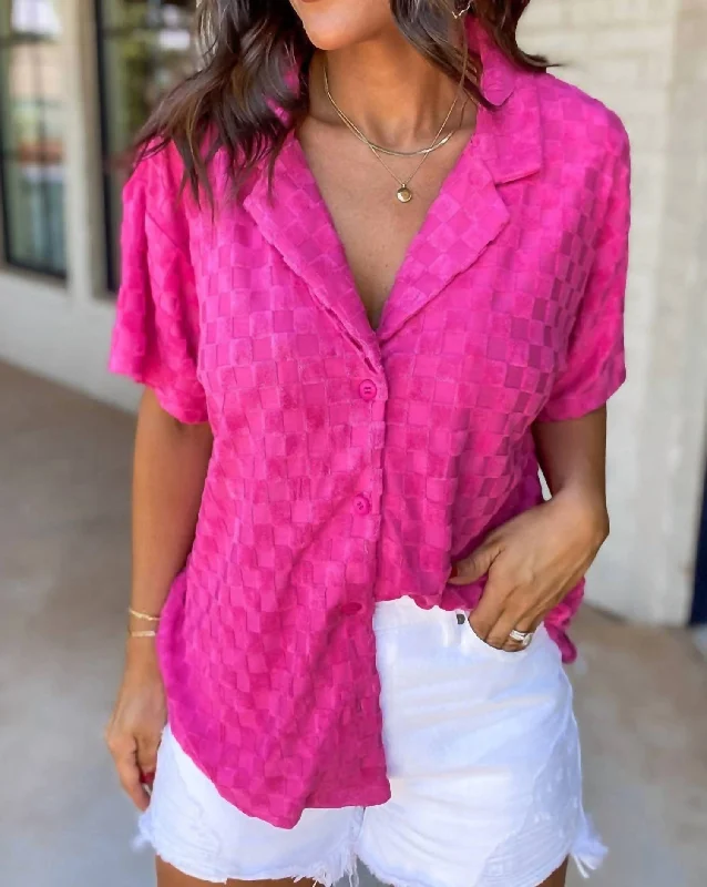 Can't Miss Checker Short Sleeve Buttoned Shirt In Bright Pink