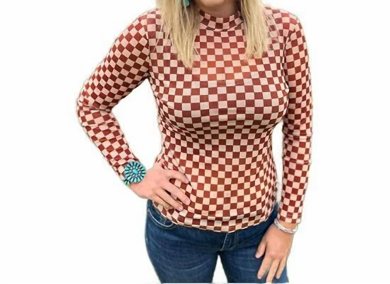 Buy Now Checkered Mesh Long Sleeve Top In Burnt Orange And Cream