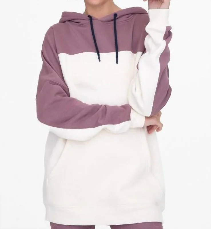 Markdowns Color Blocked Hoodie Pullover With Pockets In Dark Mauve
