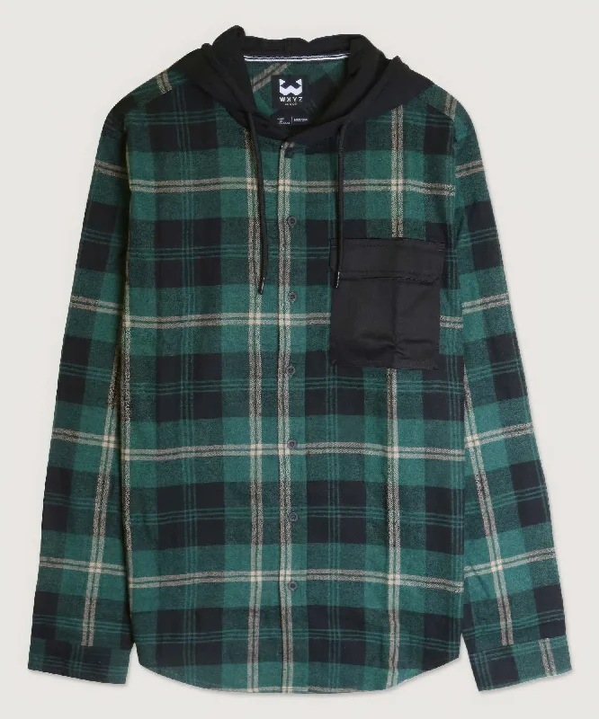 Deep Discounts Contrast Pocket Plaid Hooded Shirt