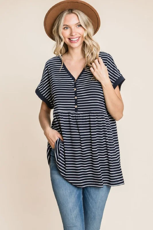 YEAR-End Clearance Cotton Bleu by Nu Label Striped Button Front Baby Doll Top