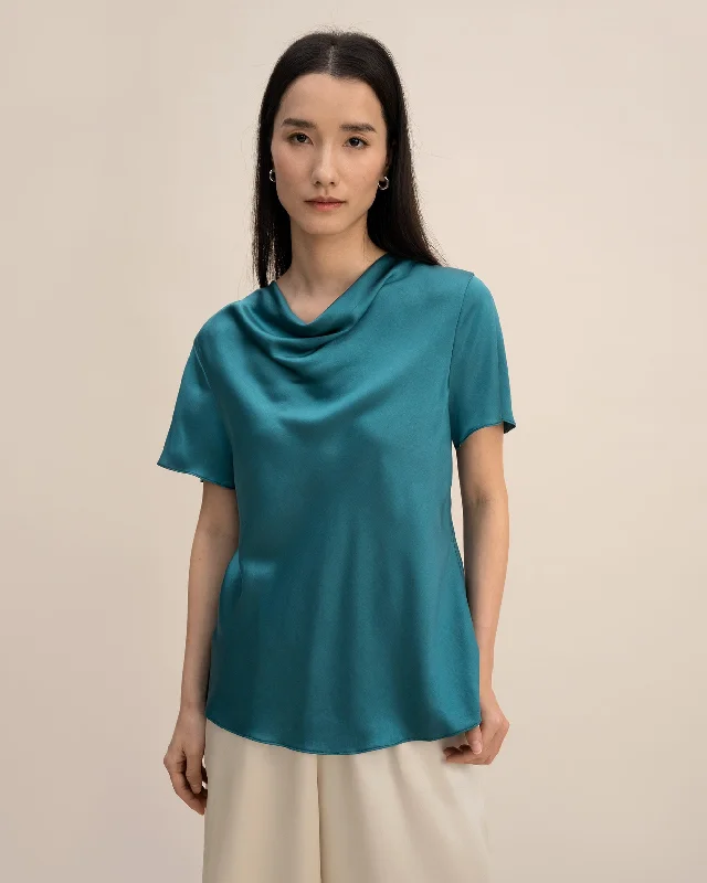 Clearance Sale Cowl Neck Short Sleeves Silk T-Shirt for Women
