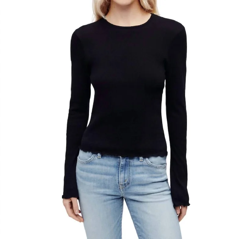 Hurry In Crinkle Bell Long Sleeve Tee Top In Black