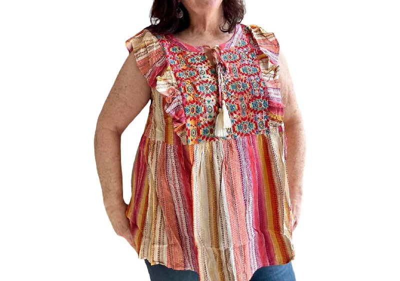 Seasonal Clearance Daria Aztec Embroidery Woven Top In Multicolor